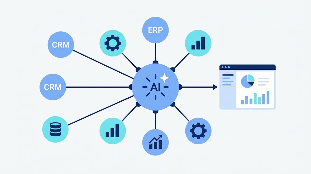 איור וקטורי בהיר: ארכיטקטורת Data Hub המרכזת נתונים ממערכות שונות ללוח בקרה חכם.